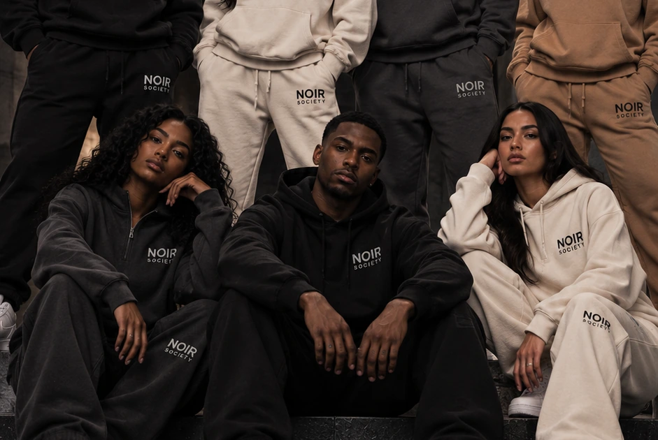 Original NOIR SOCIETY tracksuit colourways with exact trouser branding and construction