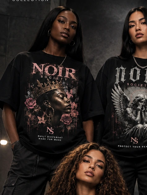 Close view of the original NOIR SOCIETY women's graphic T-shirts showing heavyweight drape and exact printed artwork