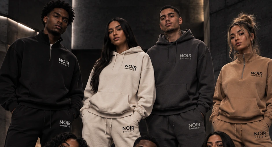 Close editorial crop of the original NOIR SOCIETY tracksuit chest branding, hoodie construction and colourways