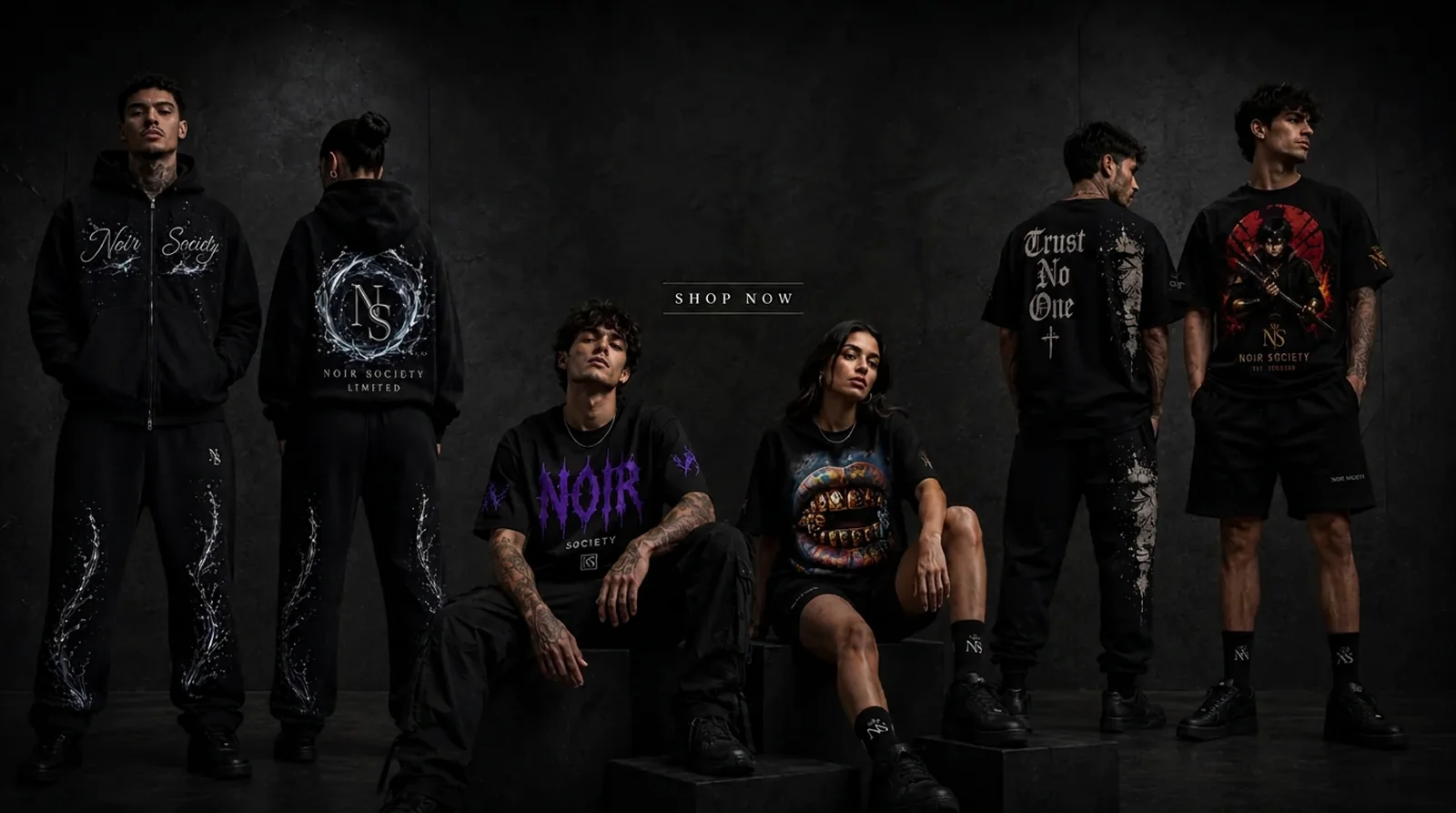 NOIR SOCIETY — Built in Silence. Campaign lineup of models wearing the current collection.