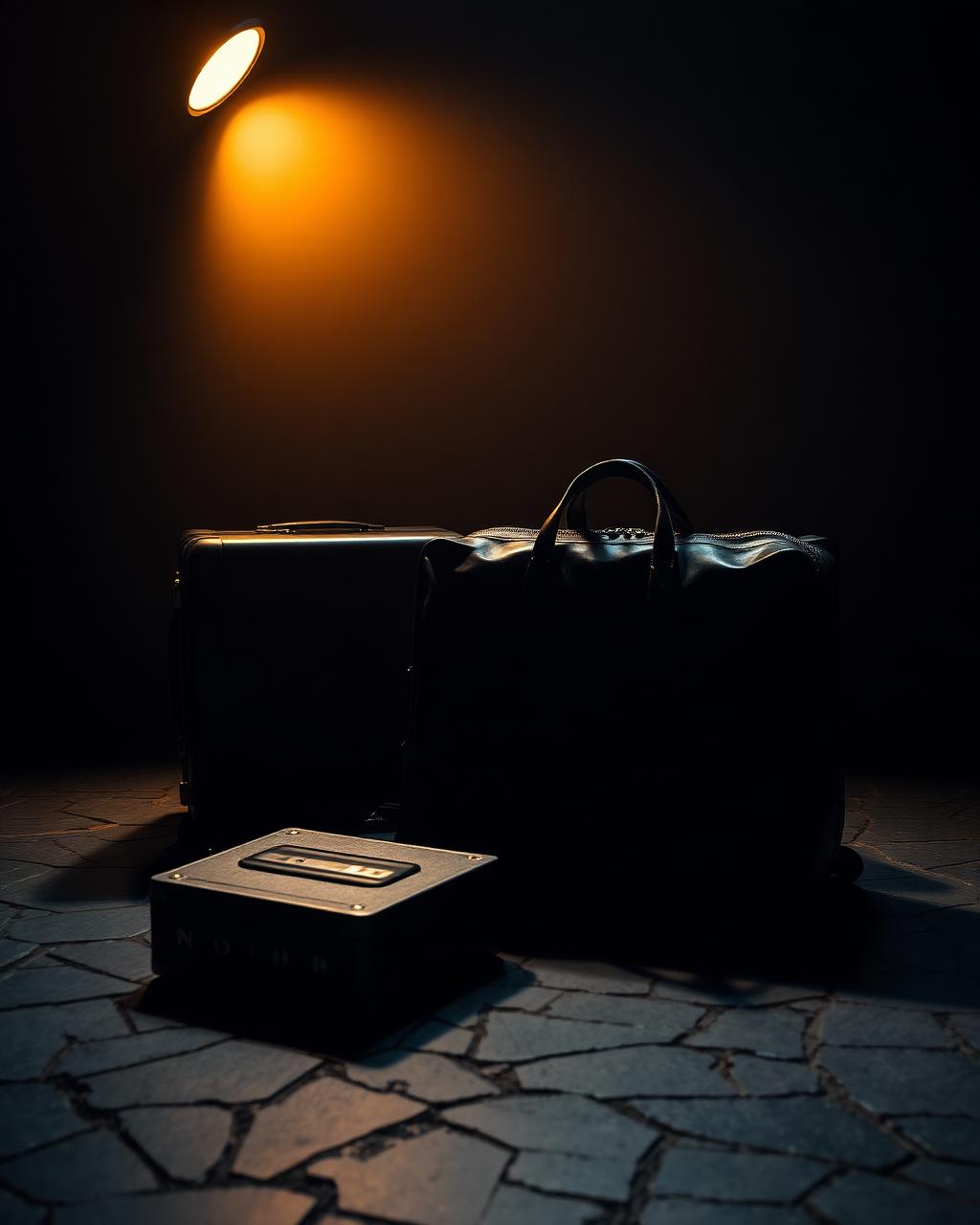 NOIR SOCIETY travel and accessories — leather weekender and suitcase under warm spotlight on cracked stone