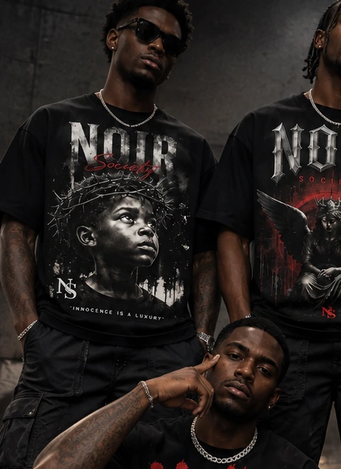 Close-up of original NOIR SOCIETY men's T-shirt artwork and print placement