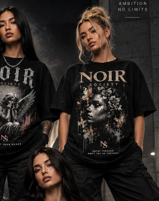 Close-up of two original NOIR SOCIETY women's graphic T-shirt prints