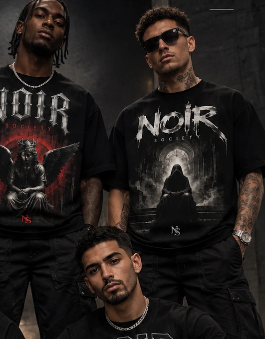 Original NOIR SOCIETY men's graphic T-shirts in close editorial detail