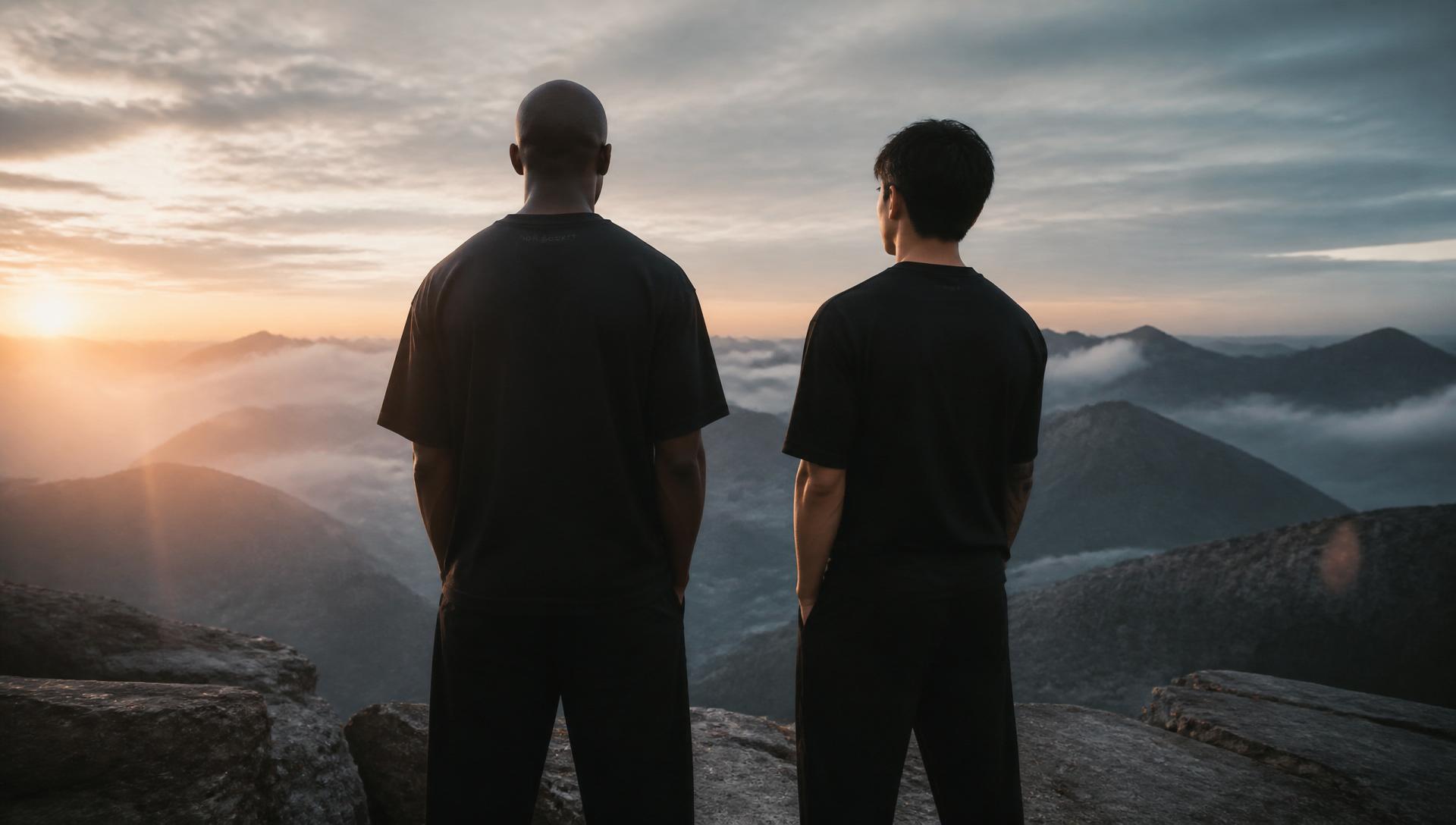 Two Noir Society models overlooking a mountain landscape at dawn