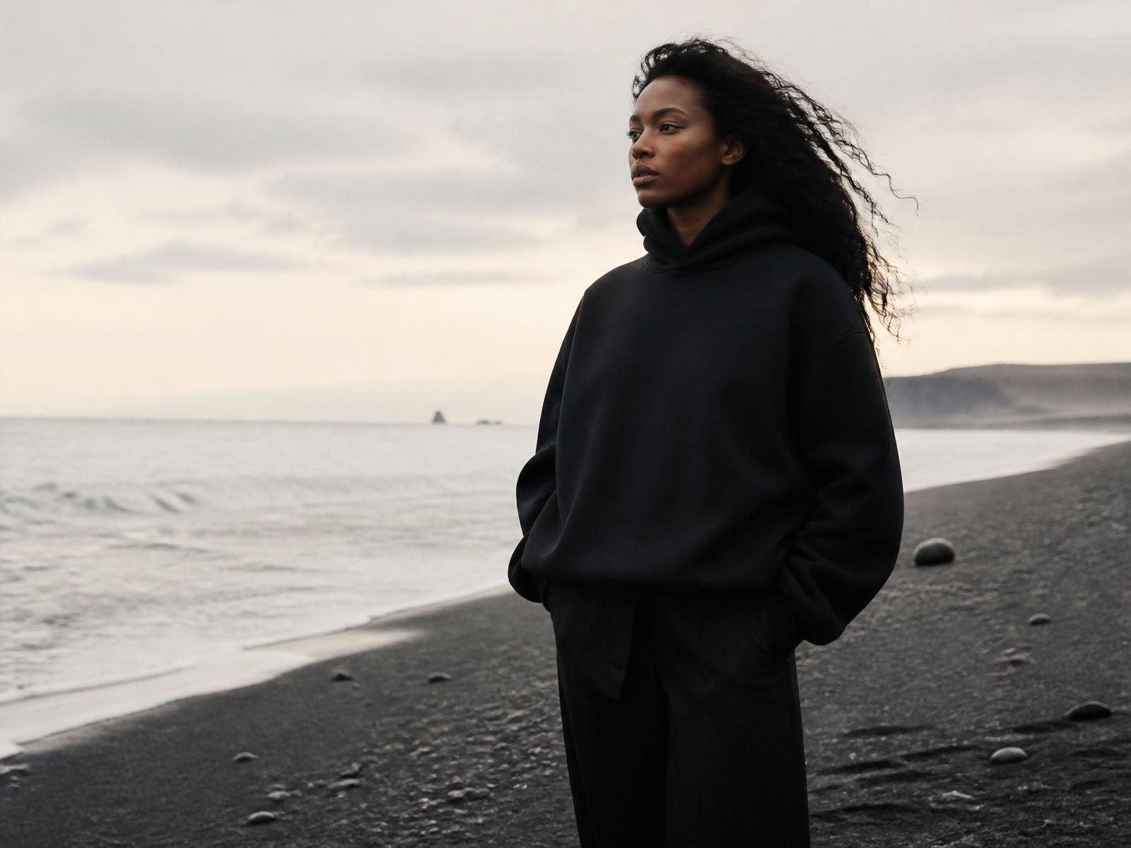 Noir Society model on black sand at ocean edge